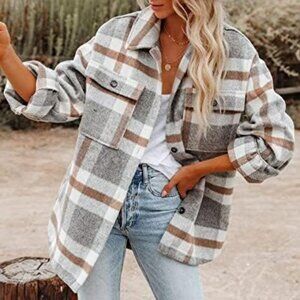 Flannel Plaid Shacket Long Sleeve Button Down Shirts Jacket w Side Pockets XXL